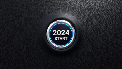 2024 start push button. 2024 start modern car button with blue shine. Concept of planning, start, career path, business strategy, opportunity and change. 3d illustration - obrazy, fototapety, plakaty