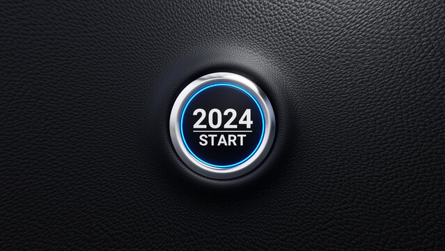 2024 start push button. 2024 start modern car button with blue shine. Concept of planning, start, career path, business strategy, opportunity and change. 3d illustration