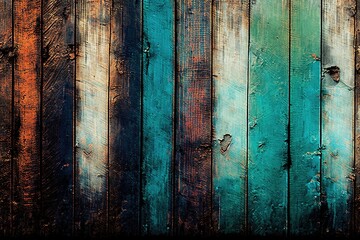 Wooden fence painted in blue, orange and brown colors. Background texture