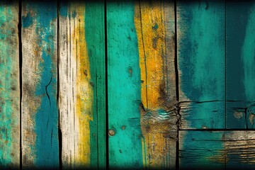 Old painted wood wall - texture or background. Green, blue and yellow colors