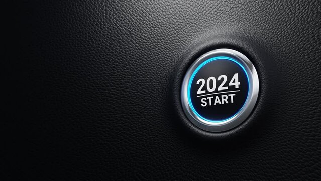 2024 start push button. Planning, start, career path, business strategy, opportunity and change concept.  2024 start modern car button with blue shine. 4k 3d loop animation