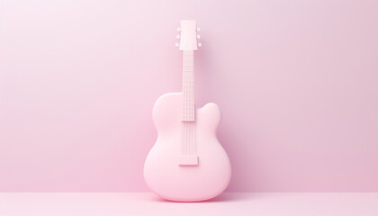 Acoustic classic guitar on pink background. 3D cartoon guitar with copy space. 3D rendering image. Pastel neon background Electric guitar design - obrazy, fototapety, plakaty