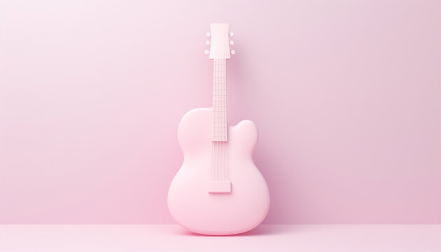 Acoustic classic guitar on pink background. 3D cartoon guitar with copy space. 3D rendering image. Pastel neon background Electric guitar design