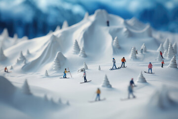 Winter landscape of a mountain slope with many skiers and snowboarders at ski resort. Winter sports and winter vacation background with macro photo miniature of tiny world.