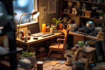 A desktop with a computer in a small room at home. Freelance at home concept small toy scene with macro photo miniature of tiny room.