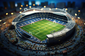 Tiny football stadium, macro view from above. Soccer concept background with macro photo miniature of tiny world.