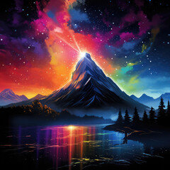 High single sharp mountain and the aurora borealis. Colorful impressionistic night mountain...