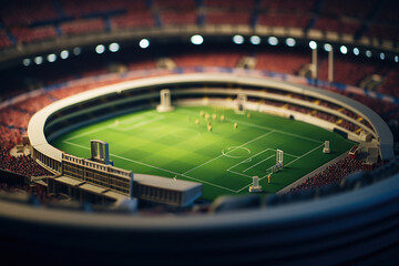 Toy football stadium, macro view from above. Soccer concept background with macro photo miniature of tiny world. - obrazy, fototapety, plakaty