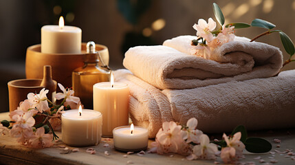 Beautiful spa composition of towels and spa access - obrazy, fototapety, plakaty