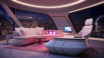 The futuristic workspace in Galactic Dreams Bedroom, with a sleek desk, holographic elements, and ambient lighting, creating an inspired and imaginative environment for work or study.
