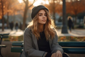 Beautiful Woman sitting on park bench - obrazy, fototapety, plakaty