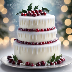 A simple white cake adorned with cascading sugared cranberries, holly leaves, and a dusting of edible silver or pearl shimmer. ai generative