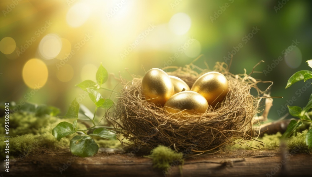 Canvas Prints Golden eggs in nest on green background. Generative AI.