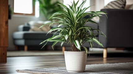 A close up of dracaena green leaf in a beige pot on a marble floor
