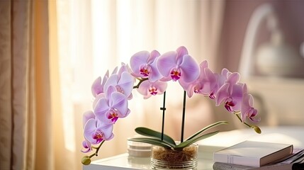 A close up of orchid flower on a table in a luxurious room