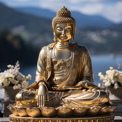 golden buddha statue with flowers