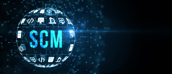 SCM - Supply Chain Management.  Supply Chain Management SCM. Aspects of Modern Company Logistics Processes. 3d illustration