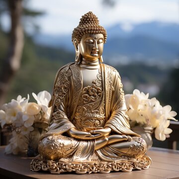 golden buddha statue with flowers