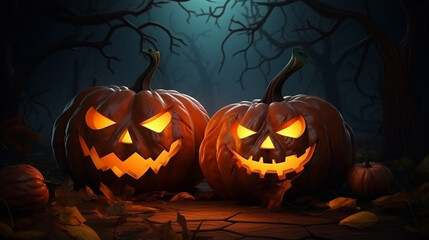 Halloween pumpkin scene on a forest background, crepe smile with candlelight at night and moonlight. Generative AI