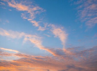 Naklejka na ściany i meble Sky at sunset, sky at sunrise, clouds, orange clouds cirrus clouds, cumulus clouds, sky gradient, sky background at dusk, twilight, nightfall, pink sky, pink clouds, sun, environment, background