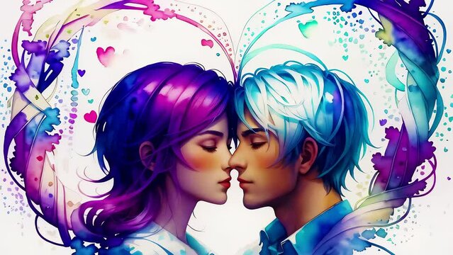 Kiss. Abstract watercolor animated illustration. Seamless loop animation. Valentines day concept.