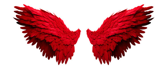 Red fantasy feather wings - pair of red angelical wings - isolated transparent PNG background - red wing - obrazy, fototapety, plakaty