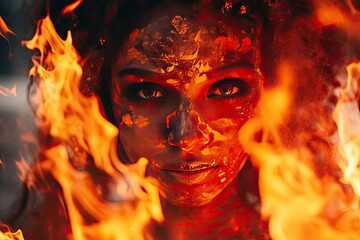 A woman with a fire on her face is shown with a face in the foreground