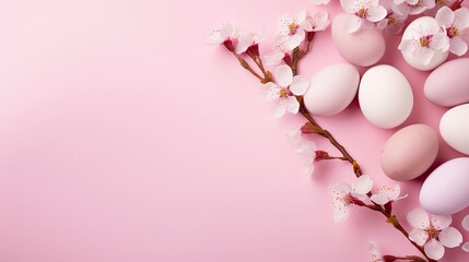 Colorful Easter eggs with cherry blossoms flat lay on pink background