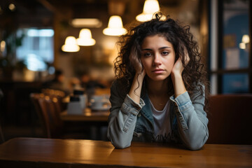 upset woman at a table in a cafe, unresolved problems, loneliness, sadness - obrazy, fototapety, plakaty