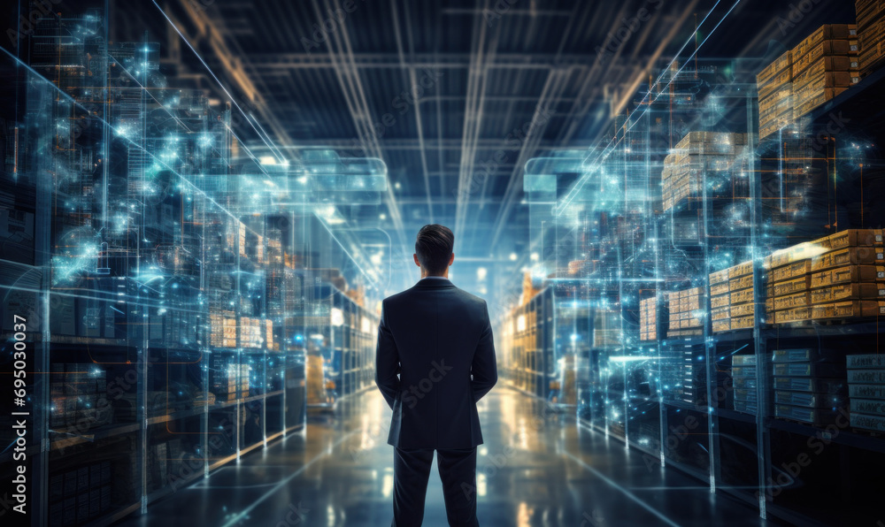 Poster the chief technical director of a big data center stands, information digitization lines pass throug