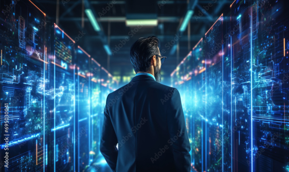 Poster the chief technical director of a big data center stands in a warehouse, information digitization li