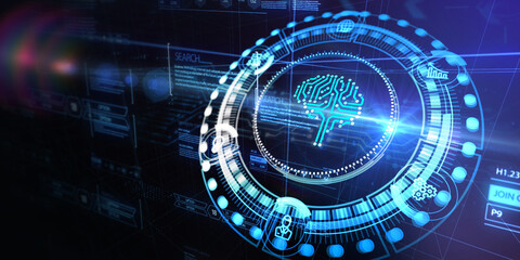 Artificial intelligence (AI), machine learning and modern computer technologies concepts.  3d illustration