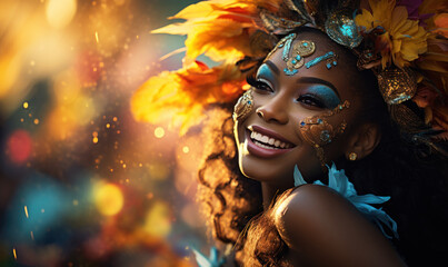 beautiful Brazilian dancer at the carnival in a suit and makeup