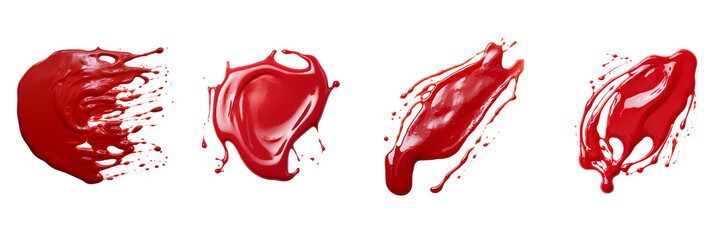 Set of wet stain of red ketchup on a white or  transparent background