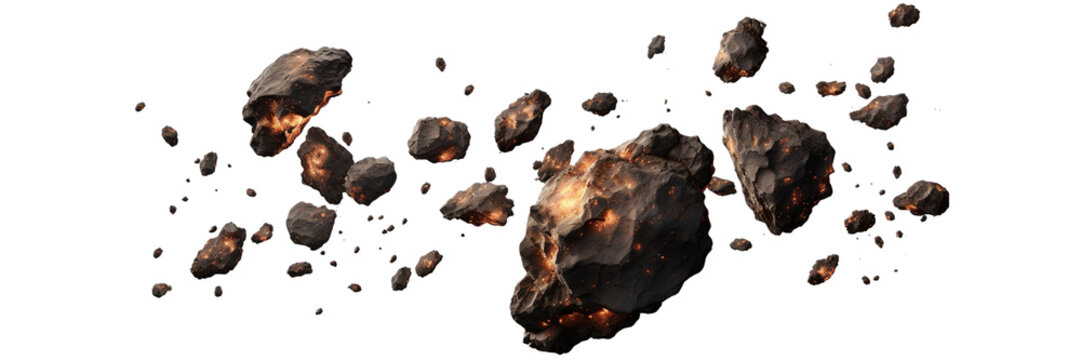 Set of swarm of asteroids isolated on white or transparent background