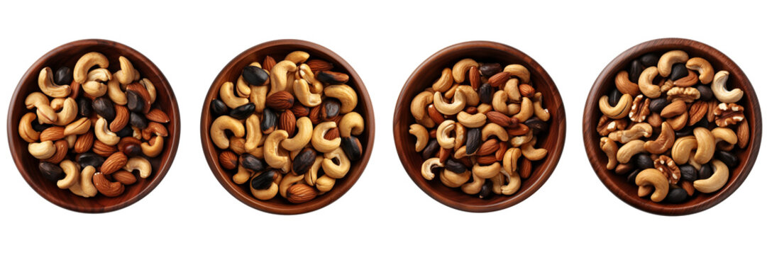 Set of the nuts in black bowl isolated on white or transparent background