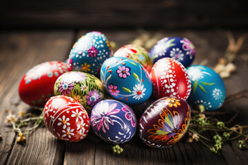 Fototapeta na wymiar Easter eggs painted in different bright colors and designs on a wooden background.​