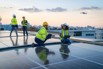 Engineer working setup Solar panel at the roof top. Engineer or worker work on solar panels or...
