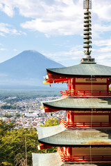 View of mount Fuji with Chureito Pagoda at Arakurayama Sengen Park portrait format in Japan
