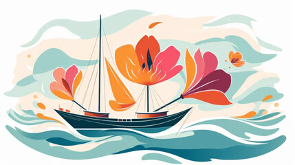 Floral ship illustration in naive styles. Colorful transport in flowers and plants. - obrazy, fototapety, plakaty