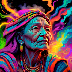 Glowing people series. Chaman, medicine woman, aged lady with neon lights.