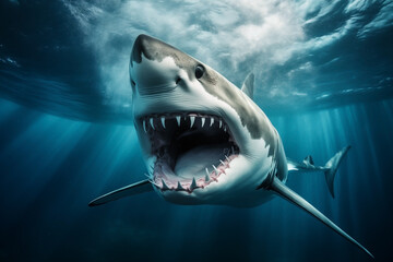 shark white oceanic underwater with open mouth with teeth front view, malice