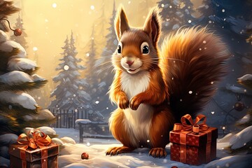 squirrel in the christmas forest - obrazy, fototapety, plakaty