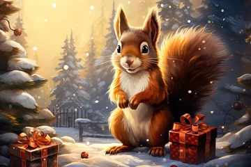 Tuinposter squirrel in the christmas forest © Olga