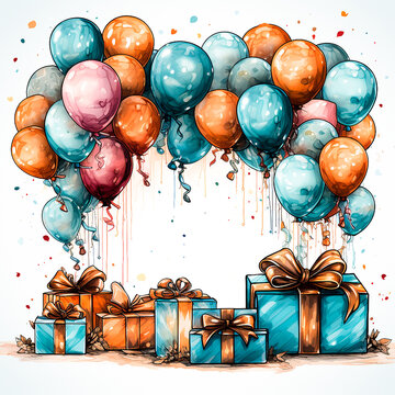 vector watercolor birthday background with decoration and gifts 