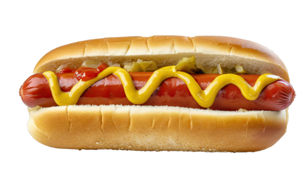 Classic hot dog with ketchup and mustard - isolataed on transparent background. cut out