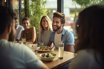 group of friends enjoying meal in restaurant
