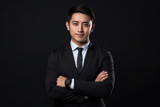handsome asian businessman on a black background in a business suit
