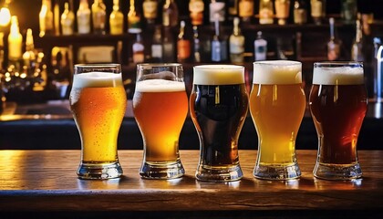 Glasses with different sorts of craft beer on wooden bar - obrazy, fototapety, plakaty