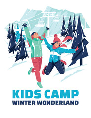 Advertisement of a children's winter camp. Two girls are jumping on the background of a winter ski resort. Vector flat illustration.